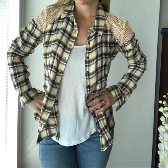 Free People Tops - Free People crochet and plaid snap front shirt